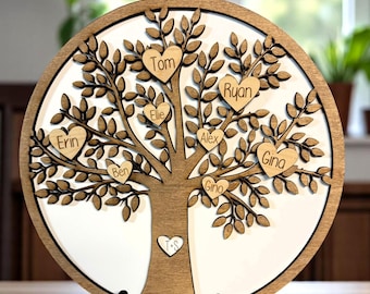 May include: A wooden family tree wall art with a brown frame and white background. The tree has leaves and hearts with names written on them: Tom, Ellie, Erin, Ben, Alex, Gina, Ryan, and T & S.