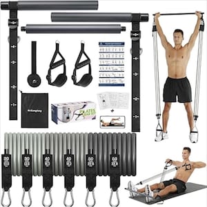 Juego de barras de Pilates ALongSong – 6 bandas de resistencia (30/40/50 lbs, hasta 240 lbs) – Ajustable, Gimnasio portátil para el hogar – Gris – Empaque abierto