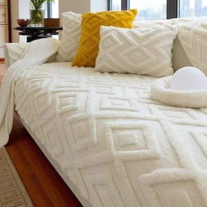 Thick Solid Color Sofa Cover | Non-Slip Plush Couch Blanket for Winter | Warm Cushion Protector & Cozy Sofa Throw | Pet Friendly Sofa Cover