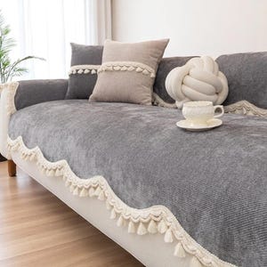 Funda de cojín de chenilla para sofá: antideslizante, para todas las estaciones, con diseño de pompones, estilo minimalista moderno para sofá o sillón.