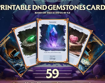 TARJETAS DE PIEDRAS PRECIOSAS IMPRIMIBLES DE D&D | Ilustrado de manera única | Reloj DnD Srd | Mazmorras y Dragones 5e| Tamaño de la carta de póquer | Versión en inglés