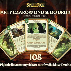 VERSÃO POLONESA! Cartas de magia exclusivas da classe Druida, lindamente ilustradas, com 108 magias! D&D Spell Book 5e dnd srd watch