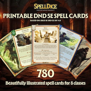 Cartes de sorts imprimables DnD | Ensemble illustré de manière unique | DnD SRD 5.1 | Donjons et Dragons 5e| Taille des cartes de poker | version anglaise