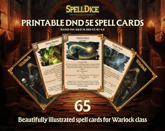 65 cartas de hechizo únicas de Brujo, bellamente ilustradas digitalmente, ¡para que tus aventuras sean aún más emocionantes! Tamaño póker, ¡listas para imprimir! 5.ª edición