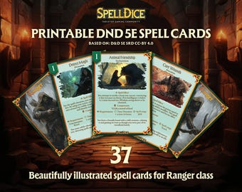 ¡37 cartas de hechizos únicas de Rangers bellamente ilustradas digitalmente para que tus aventuras sean aún más emocionantes!  Tamaño póker, ¡listo para imprimir!