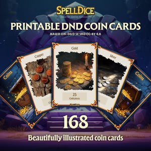 CARTÕES DE MOEDAS IMPRIMÍVEIS DnD | Cartas de moedas ilustradas exclusivamente | Dungeons and Dragons 5e| Tesouro Tamanho da carta de pôquer Versão em inglês