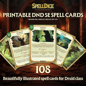¡108 cartas de hechizo únicas de la clase Druida bellamente ilustradas digitalmente! Versión en inglés