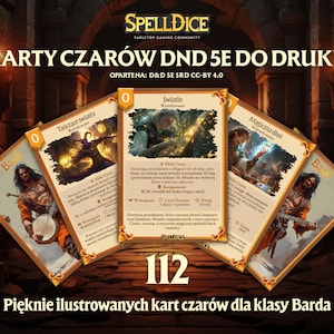 Peut inclure: Un ensemble de 112 cartes de sorts imprimables Dungeons and Dragons 5e édition pour la classe Barde. Les cartes présentent des illustrations d'un barde jouant du luth, d'un barde lançant un sort et d'un barde avec un bâton lumineux. Les cartes sont conçues pour être utilisées avec les règles de Dungeons and Dragons 5e édition.