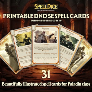 Puede incluir: Un conjunto de 31 cartas de hechizos imprimibles para la clase Paladín de Dungeons and Dragons 5ª edición. Las cartas presentan ilustraciones de personajes y escenas del juego, e incluyen el nombre del hechizo, el nivel, la escuela y la descripción.