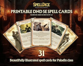 ¡31 cartas de hechizos únicas de Paladín bellamente ilustradas digitalmente para que tus aventuras sean aún más emocionantes!  Tamaño póker, ¡listo para imprimir!