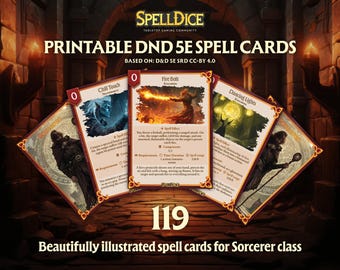 ¡119 cartas de hechizo únicas de la clase Hechicero bellamente ilustradas digitalmente! Versión SRD Versión en inglés
