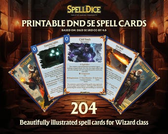 ¡204 cartas de hechizos únicas de mago bellamente ilustradas digitalmente para que tus aventuras sean aún más emocionantes!  Tamaño póker, ¡listo para imprimir!