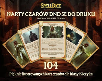 ¡VERSIÓN POLACA! ¡104 cartas de hechizo únicas de la clase Clérigo bellamente ilustradas digitalmente! ¡DnD 5e 2014-2024!