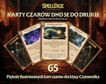 ¡VERSIÓN POLACA! ¡65 cartas de hechizos únicas de Brujo bellamente ilustradas digitalmente para que tus aventuras sean aún más emocionantes! D&D 5e 2014-2024