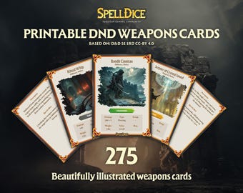 CARTAS de armas imprimibles de D&D | Combinación perfecta con tus cartas de hechizo | Ilustraciones únicas | Dungeons and Dragons | Tamaño carta de póker | Inglés | D&D