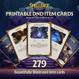 Puede incluir: Tarjetas de objetos DND imprimibles con ilustraciones de objetos mágicos. Las tarjetas presentan texto e imágenes de objetos como tinta, tinta de hechizo y elixires de maná. Las tarjetas se basan en D&D 5E SRD CC-BY 4.0. La imagen también incluye el texto "SpellDice" y "279 tarjetas de objetos bellamente ilustradas."