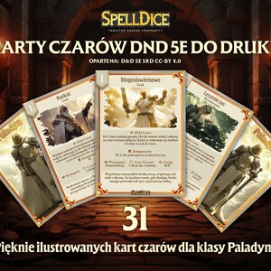 May include: A set of 31 printable Dungeons and Dragons 5th Edition spell cards for the Paladin class. The cards feature illustrations of various spells, including "Bless", "Command", "Cure Wounds", and "Divine Favor".