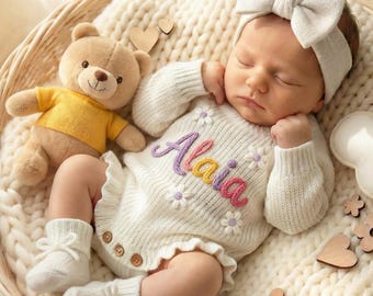 Custom Hand-Embroidered Baby Romper, Personalized Name Outfit, Heirloom Keepsake, Gender Neutral Crochet Set
