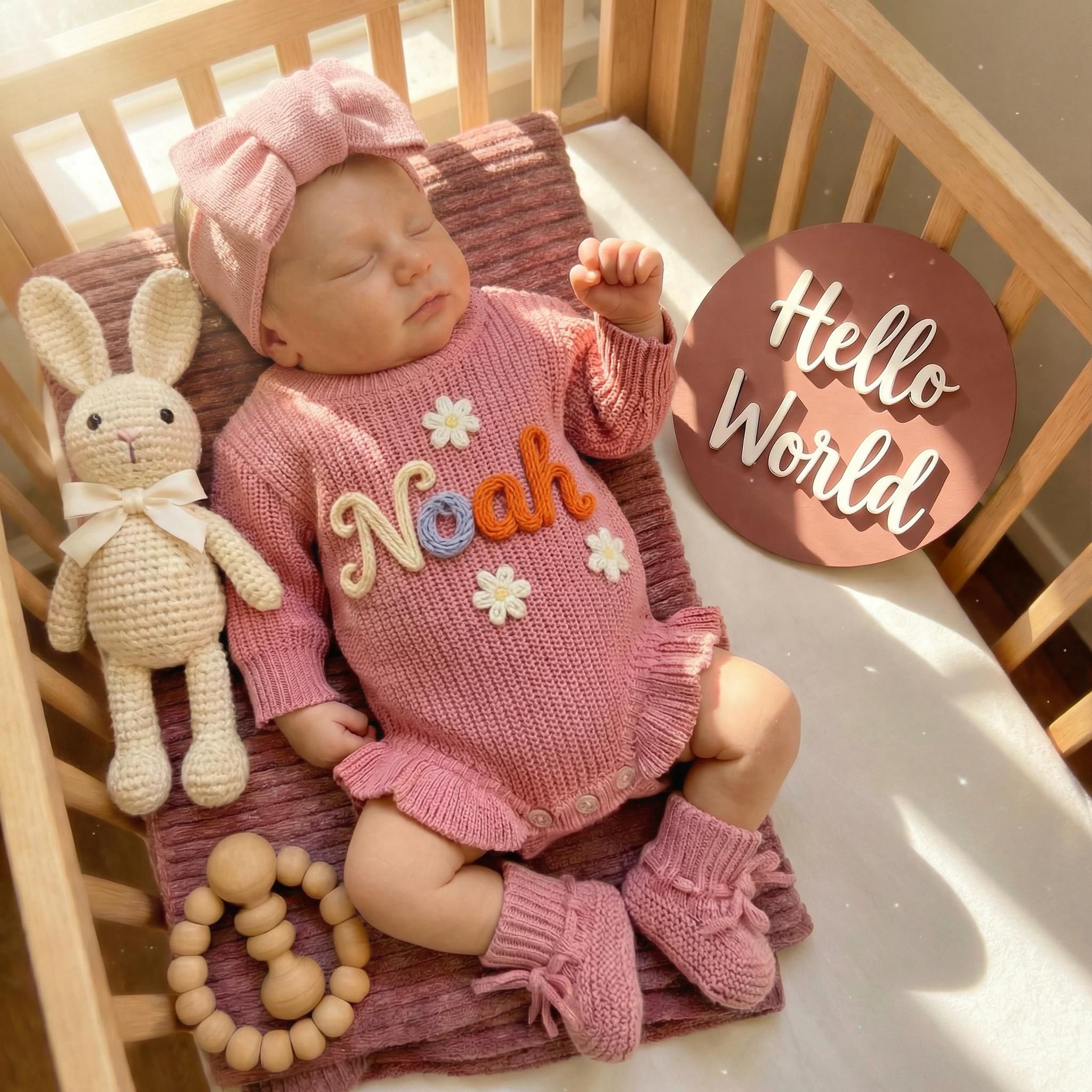 Discover Custom Hand-Embroidered Baby Romper, Personalized Name Outfit, Heirloom Keepsake, Gender Neutral Crochet Set