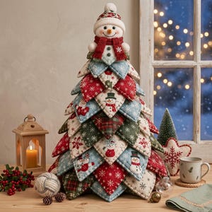 May include: A decorative fabric Christmas tree constructed from layered, triangular quilted patches featuring patterns of snowmen, snowflakes, and plaid in red, green, and blue. A plush snowman figure with a red scarf sits at the very top.