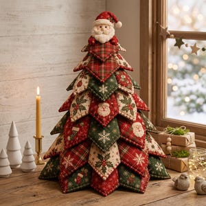 May include: A fabric Christmas tree decoration featuring layered, quilted triangular panels in red, green, and cream. The panels display patterns of Santa Claus faces, snowflakes, holly, and plaid. A plush Santa figure sits at the very top point.