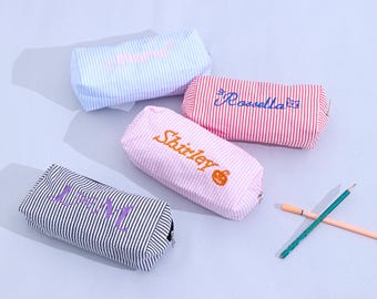 Personalized Name Seersucker Pencil Case ,Embroidered School Supplies Pouch,Back to School Gift,Kids Stationery Bag,Handmade Teacher Gift,