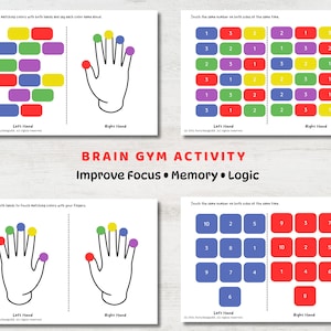 May include: Educational activity cards with colorful blocks and hand outlines. The cards feature instructions to match colors and numbers, promoting focus, memory, and logic skills. The text "Brain Gym Activity" is displayed.