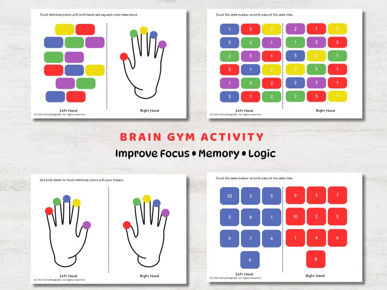 May include: Educational activity cards with colorful blocks and hand outlines. The cards feature instructions to match colors and numbers, promoting focus, memory, and logic skills. The text "Brain Gym Activity" is displayed.