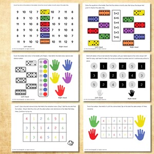 May include: Educational worksheets with colourful illustrations and number-based activities. The worksheets feature dice, hands, and equations, designed for learning and practicing maths skills. The text includes instructions and examples for each activity.