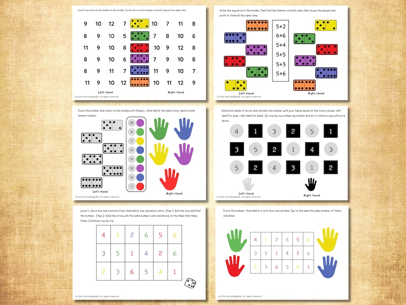 May include: Educational worksheets with colourful illustrations and number-based activities. The worksheets feature dice, hands, and equations, designed for learning and practicing maths skills. The text includes instructions and examples for each activity.