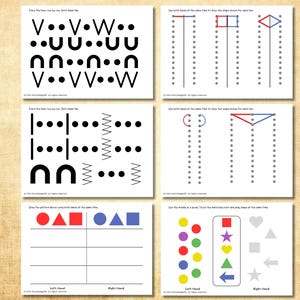 May include: Six white educational worksheets with black line drawings and text. The worksheets feature patterns, shapes, and tracing exercises. The top left worksheet has the text "Trace the lines row by row".