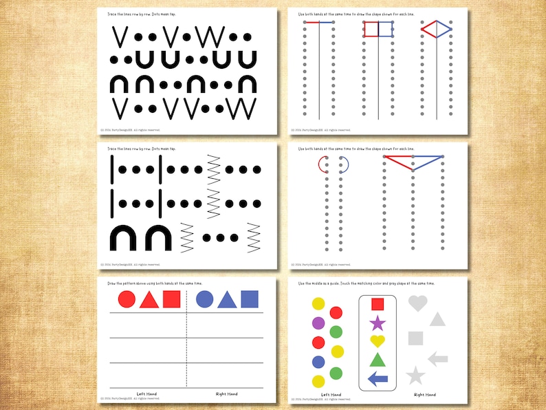 May include: Six white educational worksheets with black line drawings and text. The worksheets feature patterns, shapes, and tracing exercises. The top left worksheet has the text "Trace the lines row by row".