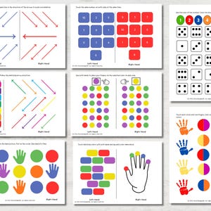 May include: A set of eight educational worksheets with colorful illustrations and text. The worksheets feature exercises for coordination, number recognition, color matching, and hand-eye coordination. The worksheets are designed for children and feature arrows, shapes, and hands.