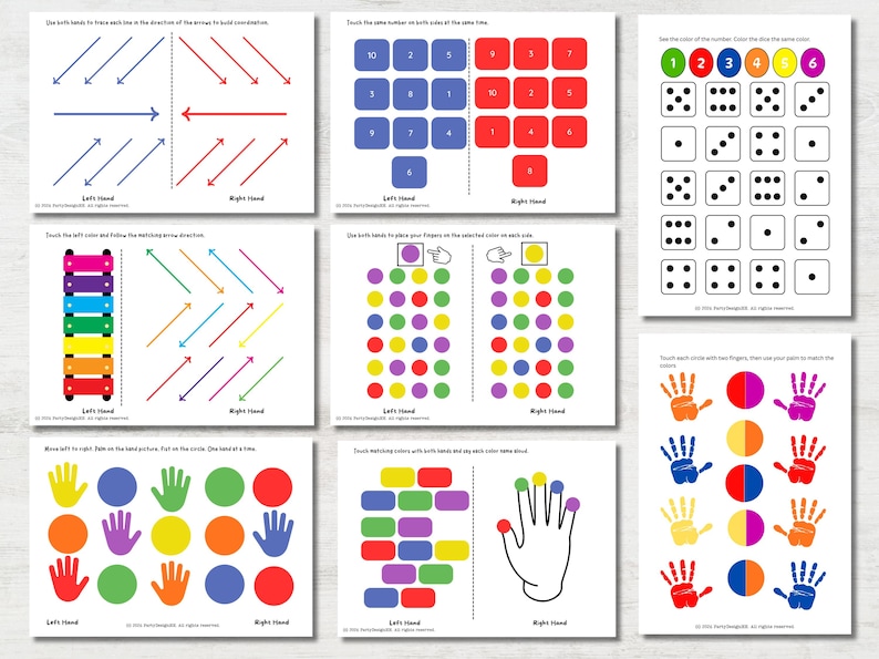 May include: A set of eight educational worksheets with colorful illustrations and text. The worksheets feature exercises for coordination, number recognition, color matching, and hand-eye coordination. The worksheets are designed for children and feature arrows, shapes, and hands.