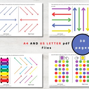 May include: Educational worksheets with colorful arrows, dots, and a xylophone for children's activities. The worksheets include instructions for tracing and matching colors. The image also includes the text "A4 AND US LETTER pdf files" and "30 pages".