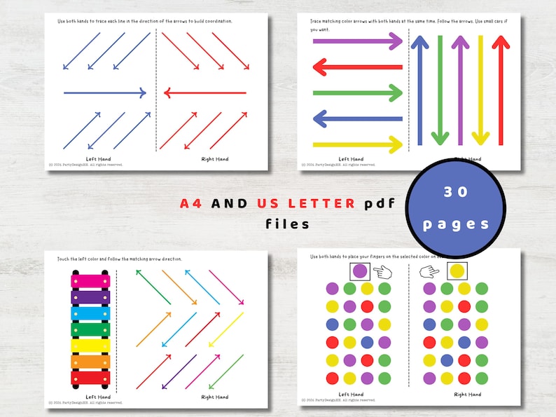 May include: Educational worksheets with colorful arrows, dots, and a xylophone for children's activities. The worksheets include instructions for tracing and matching colors. The image also includes the text "A4 AND US LETTER pdf files" and "30 pages".