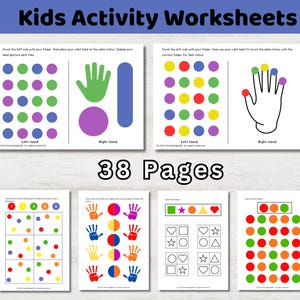 May include: A set of kids' activity worksheets with colorful dot patterns, hand outlines, and shape matching exercises. The title "Kids Activity Worksheets" is displayed at the top, with "38 Pages" in the center. The worksheets feature various colors and shapes.