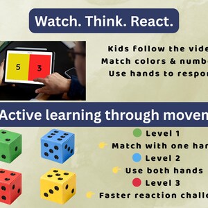 May include: An educational image with the text "Watch. Think. React." and "Active learning through movement." It shows a tablet displaying the numbers 5 and 3 in yellow and red, respectively, and colorful dice. The image also includes text about matching colors and numbers.