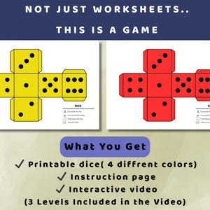 May include: Image of printable dice in yellow and red, with black dots representing numbers. The text "NOT JUST WORKSHEETS.. THIS IS A GAME" is at the top. The image also includes the text "What You Get" and lists the contents of the game.