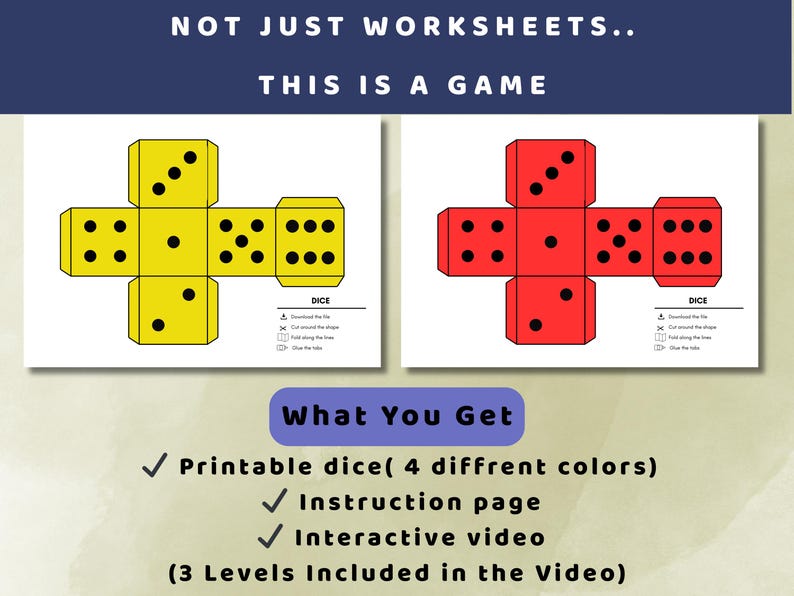 May include: Image of printable dice in yellow and red, with black dots representing numbers. The text "NOT JUST WORKSHEETS.. THIS IS A GAME" is at the top. The image also includes the text "What You Get" and lists the contents of the game.