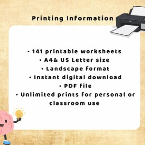 May include: Digital download information graphic with a printer icon. Text includes "141 printable worksheets", "A4 & US Letter size", "Landscape format", "Instant digital download", "PDF file", and "Unlimited prints for personal or classroom use". A cartoon brain holds a lightbulb.