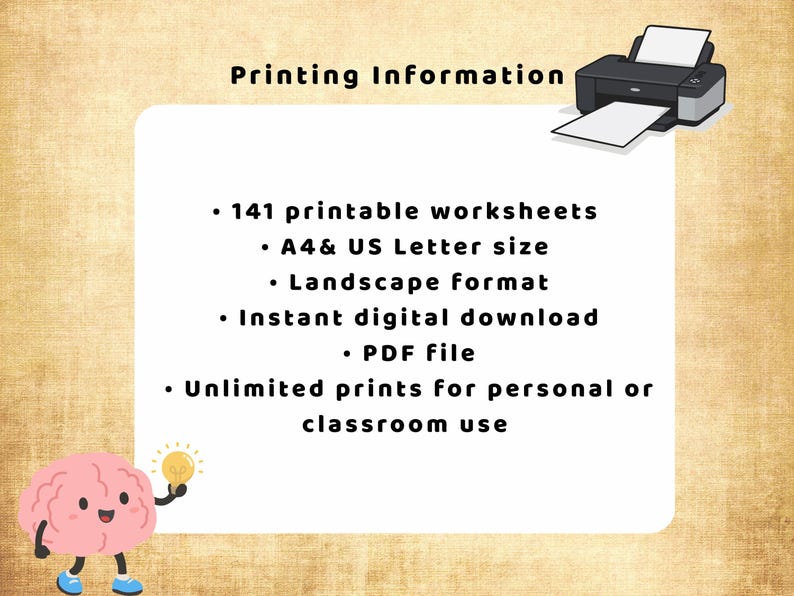 May include: Digital download information graphic with a printer icon. Text includes "141 printable worksheets", "A4 & US Letter size", "Landscape format", "Instant digital download", "PDF file", and "Unlimited prints for personal or classroom use". A cartoon brain holds a lightbulb.