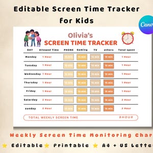 May include: A weekly screen time monitoring chart for children, with sections for phone, gaming, TV, and other activities. The chart, labelled "Olivia's Screen Time Tracker", is designed to be editable and printable, with a total weekly screen time of 9 hours. Includes illustrations.