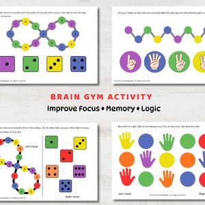 May include: Educational activity cards with colorful graphics. The cards feature dice, hand gestures, and colored circles, designed to improve focus, memory, and logic. The text "BRAIN GYM ACTIVITY" is displayed prominently.