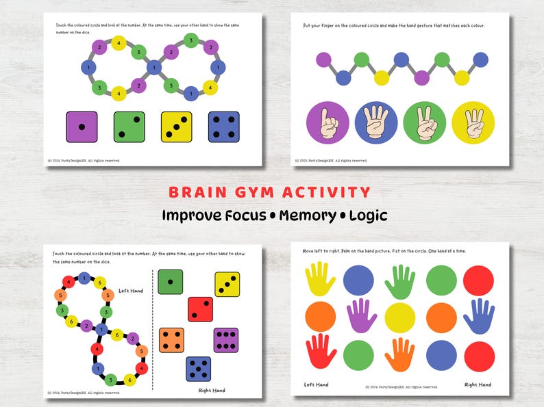 May include: Educational activity cards with colorful graphics. The cards feature dice, hand gestures, and colored circles, designed to improve focus, memory, and logic. The text "BRAIN GYM ACTIVITY" is displayed prominently.