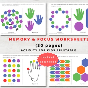 Puede incluir: Un conjunto de cuatro hojas de trabajo imprimibles para niños, enfocadas en la memoria y la concentración. Cada hoja presenta formas coloridas y contornos de manos, con instrucciones. El texto "MEMORY & FOCUS WORKSHEETS" y "ACTIVITY FOR KIDS PRINTABLE" es visible.