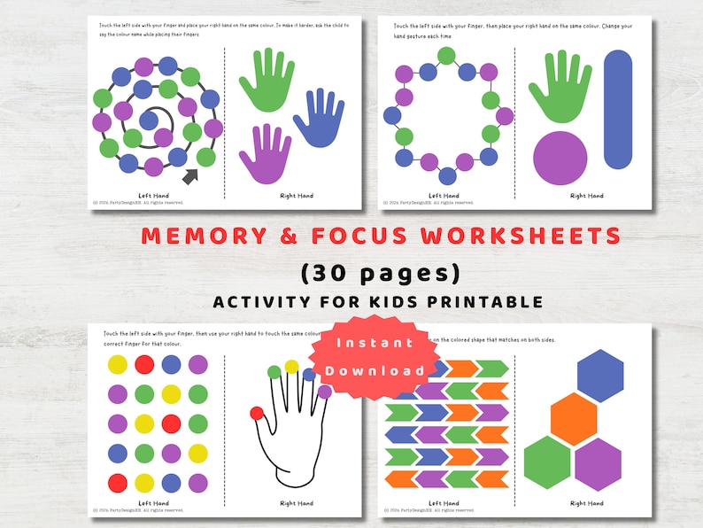 May include: A set of four printable memory and focus worksheets for kids. Each worksheet features colorful shapes and hand outlines, with instructions for activities. The text "MEMORY & FOCUS WORKSHEETS" and "ACTIVITY FOR KIDS PRINTABLE" are visible.