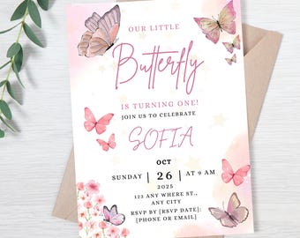 Butterfly Birthday Invitation Editable Canva Template Pink Floral