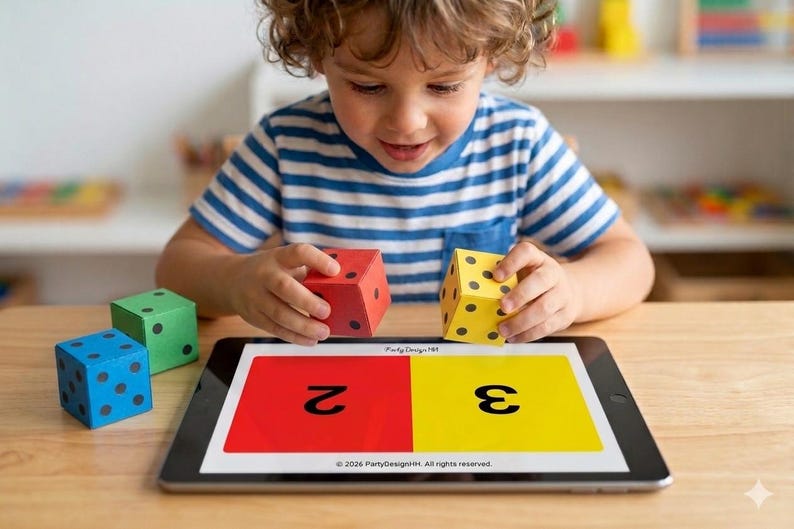 May include: A child is playing with colorful dice and a tablet. The dice are red, yellow, green, and blue, each with black dots. The tablet displays the numbers 2 and 3 on red and yellow backgrounds, respectively. Educational toy.