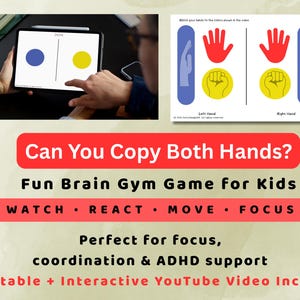 May include: An interactive educational game for kids. The image shows a tablet with blue and yellow circles, and a matching card with hand illustrations. Text on the image reads "Can You Copy Both Hands?" and "Fun Brain Gym Game for Kids."